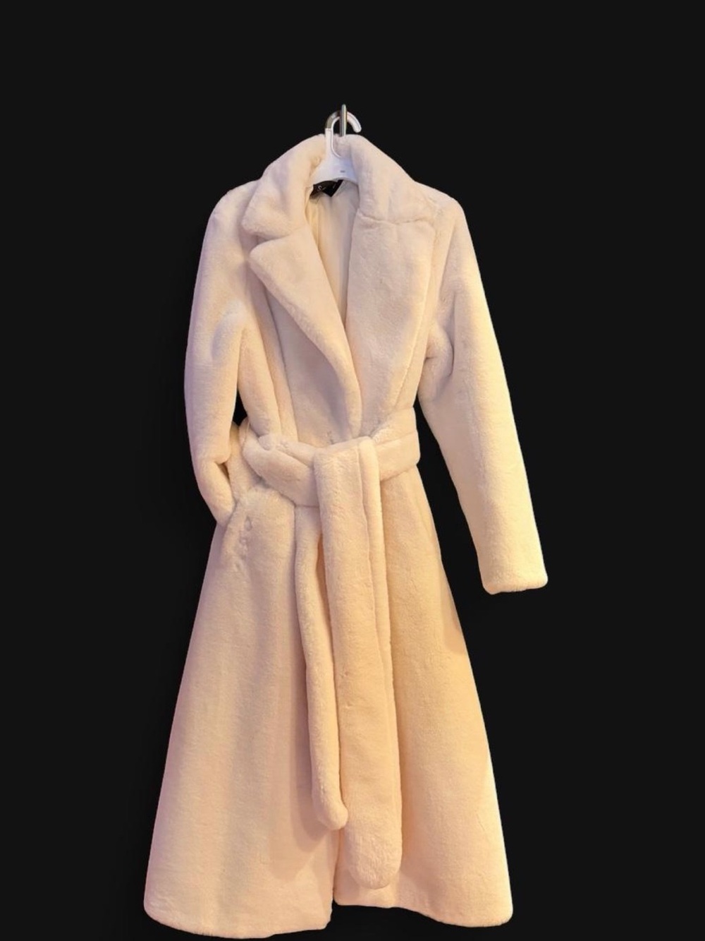 Belted Faux-Fur Long Coat in Cream